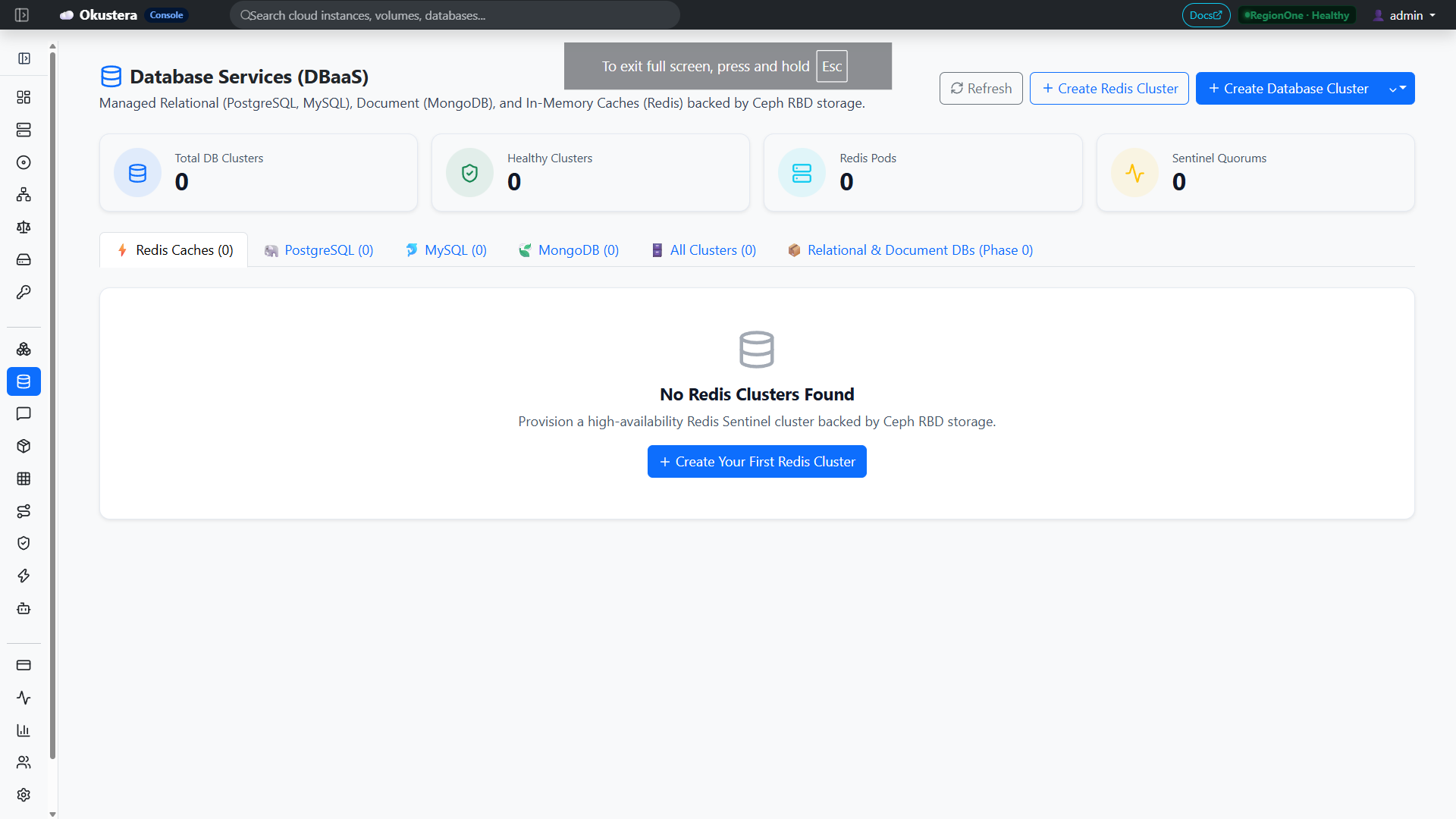 Okustera Database Services (DBaaS) Console
