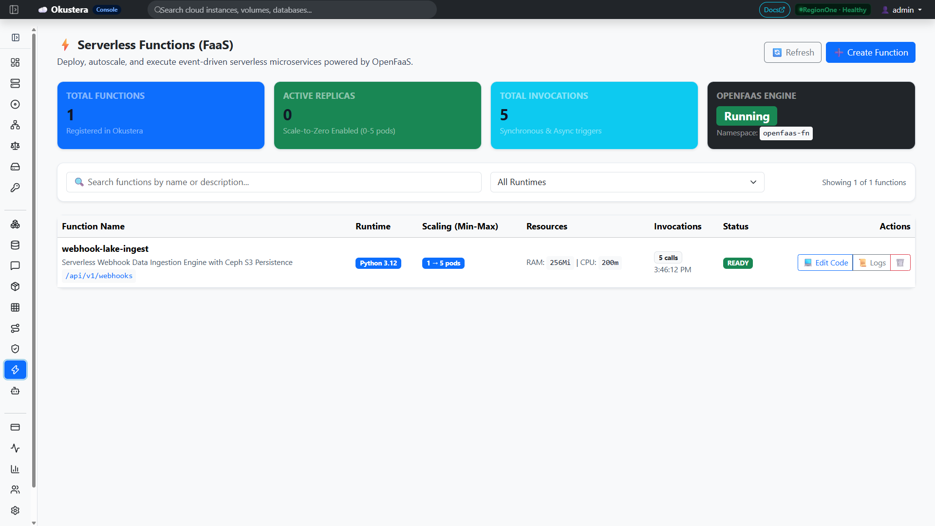 Okustera Serverless Functions (FaaS) Console