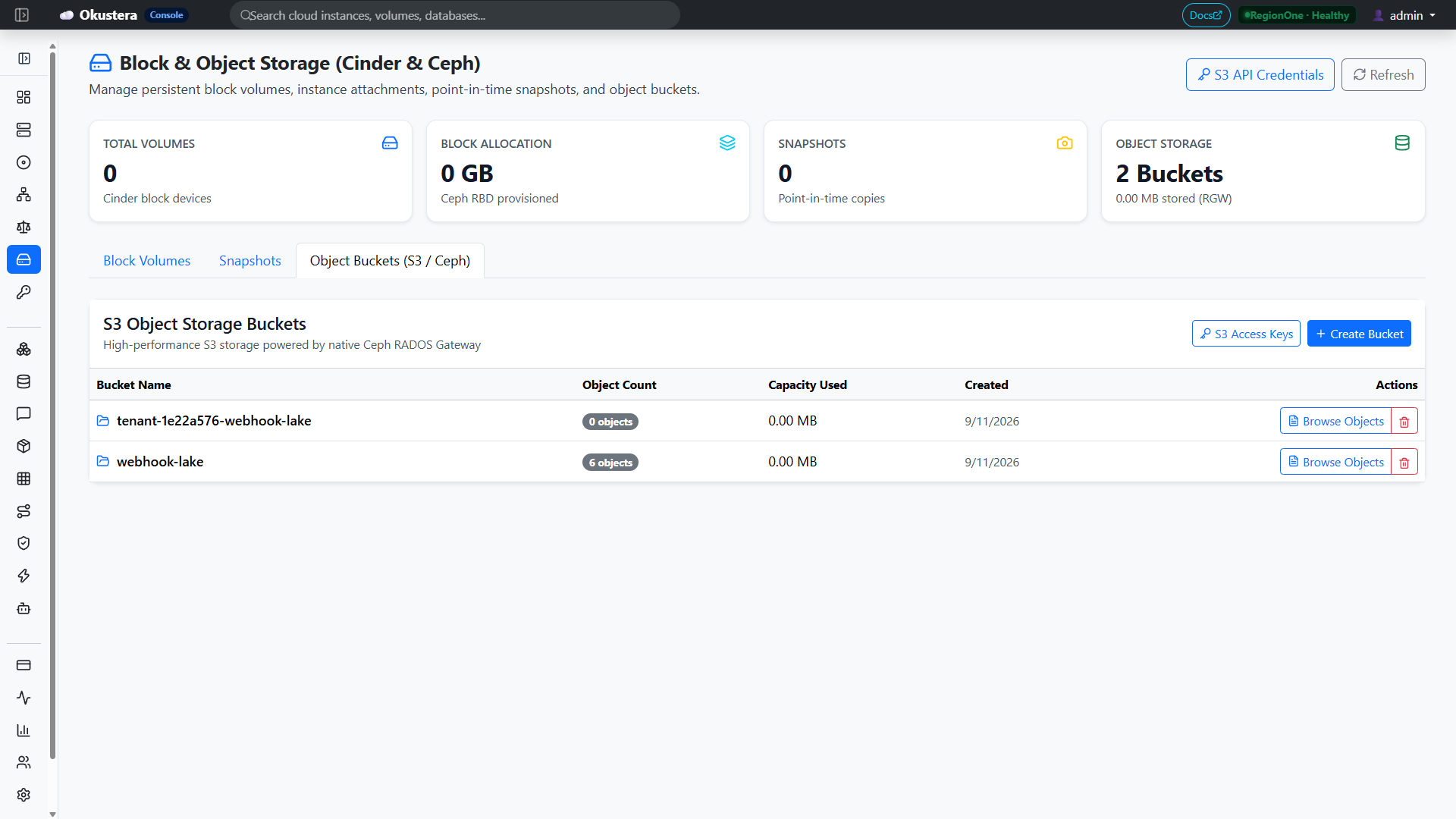 Okustera S3 Object Storage Buckets Console